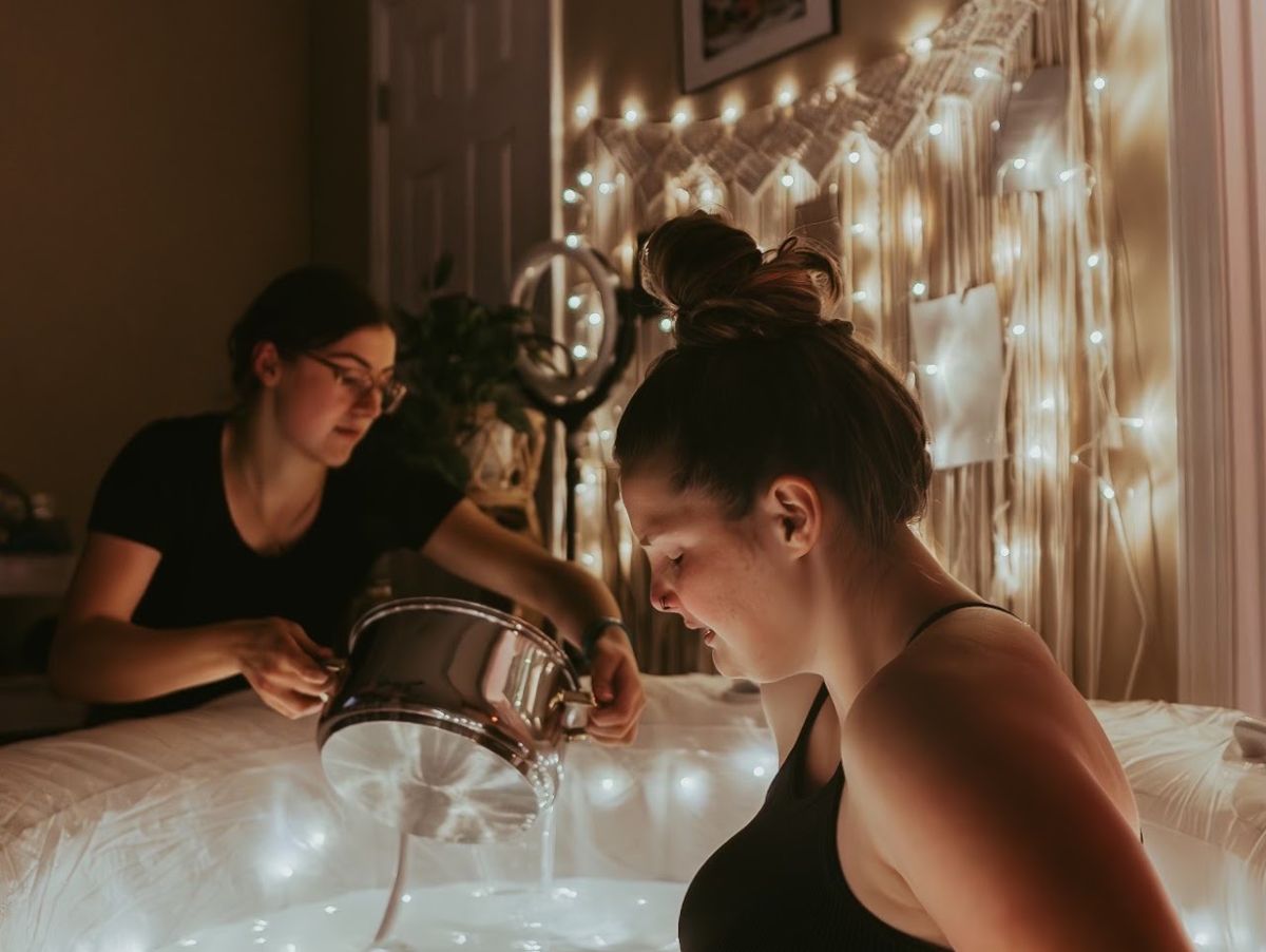 Taylor fills a birth pool by soft string lights while a mother labors at home in Louisville